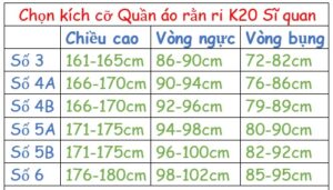 Kích cỡ quần áo lính rằn ri